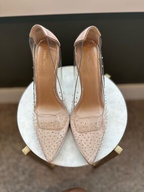 Crystal Studded Nude Pointed Toe Pumps by